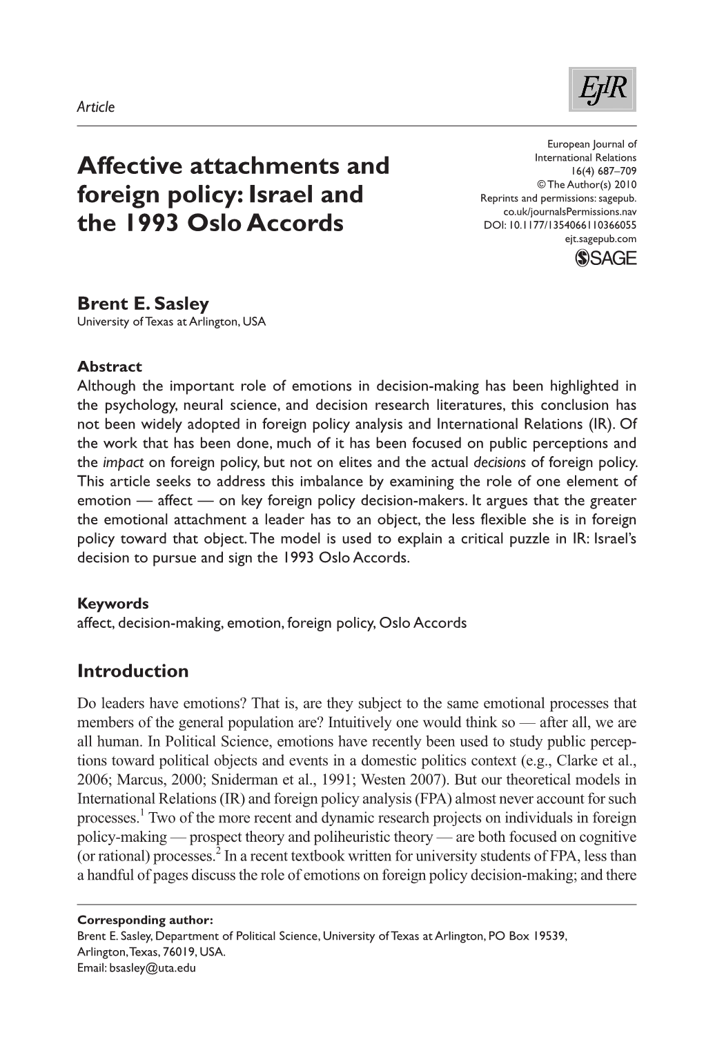 Affective Attachments and Foreign Policy: Israel and the 1993 Oslo