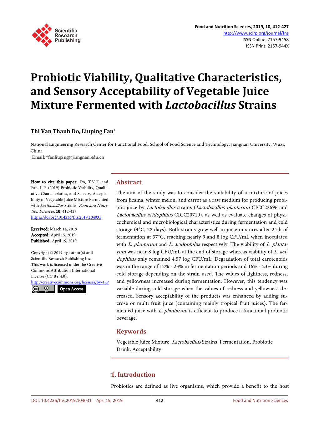 Probiotic Viability, Qualitative Characteristics, and Sensory Acceptability of Vegetable Juice Mixture Fermented with Lactobacillus Strains