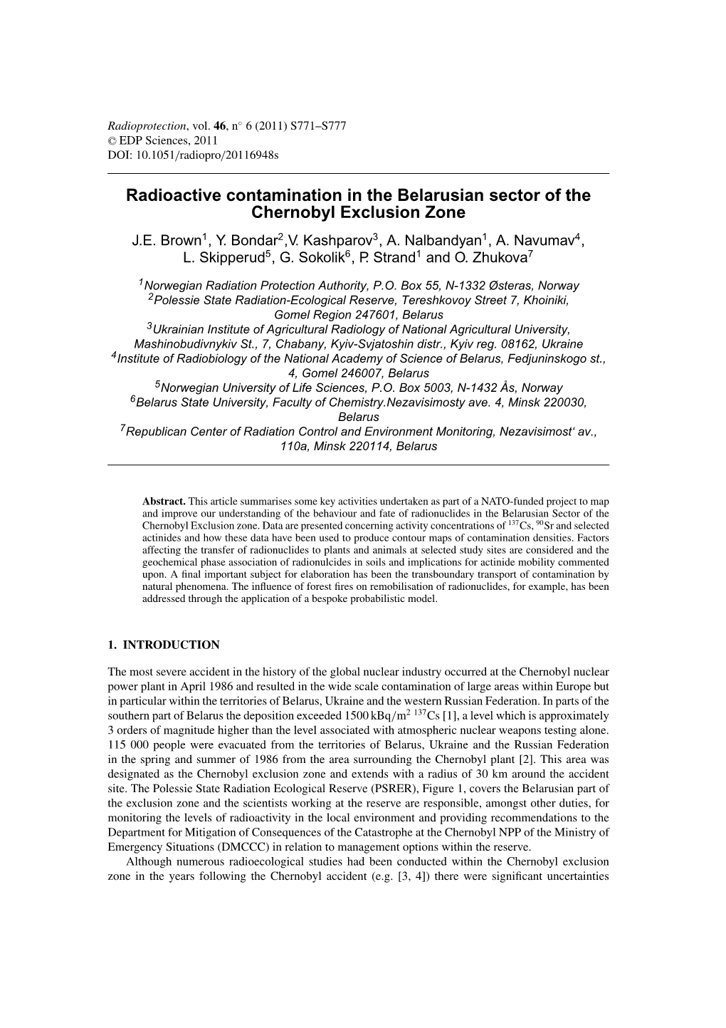 Radioactive Contamination in the Belarusian Sector of the Chernobyl Exclusion Zone J.E