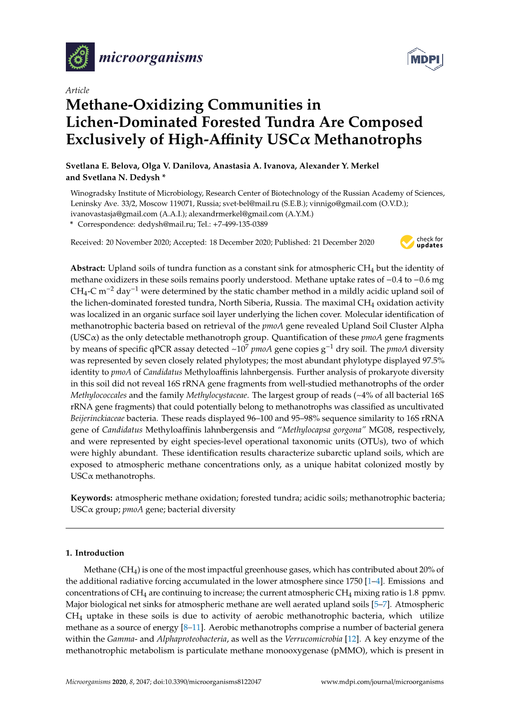 Methane-Oxidizing Communities in Lichen-Dominated Forested Tundra Are Composed Exclusively of High-Aﬃnity Uscα Methanotrophs