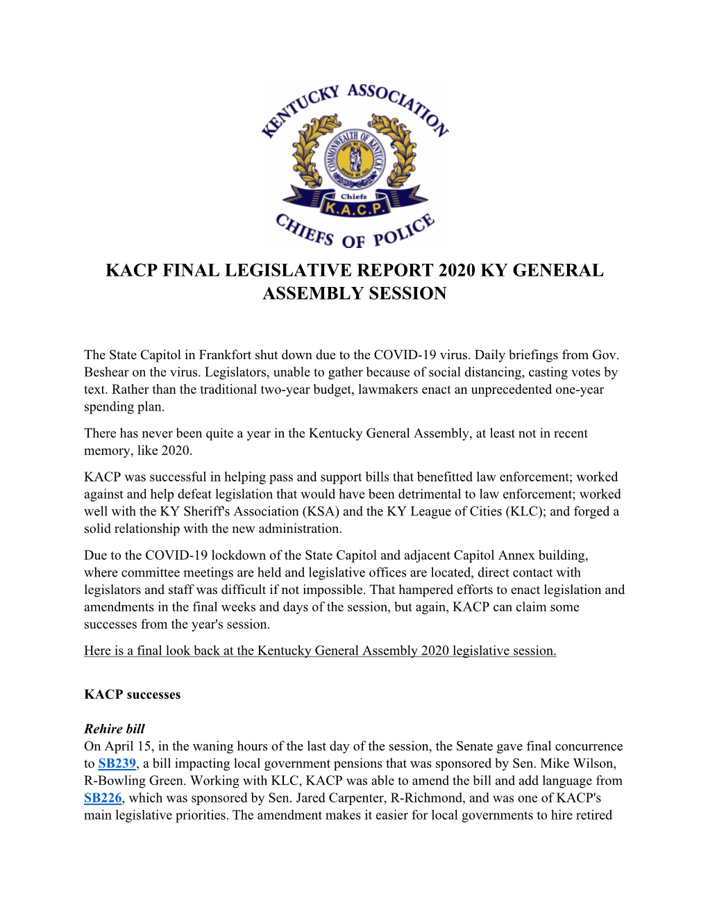 Kacp Final Legislative Report 2020 Ky General Assembly Session