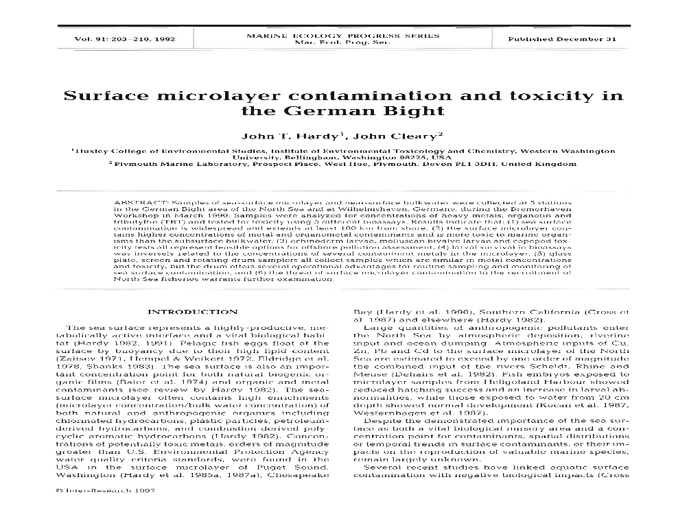 Surface Microlayer Contamination and Toxicity in the German Bight
