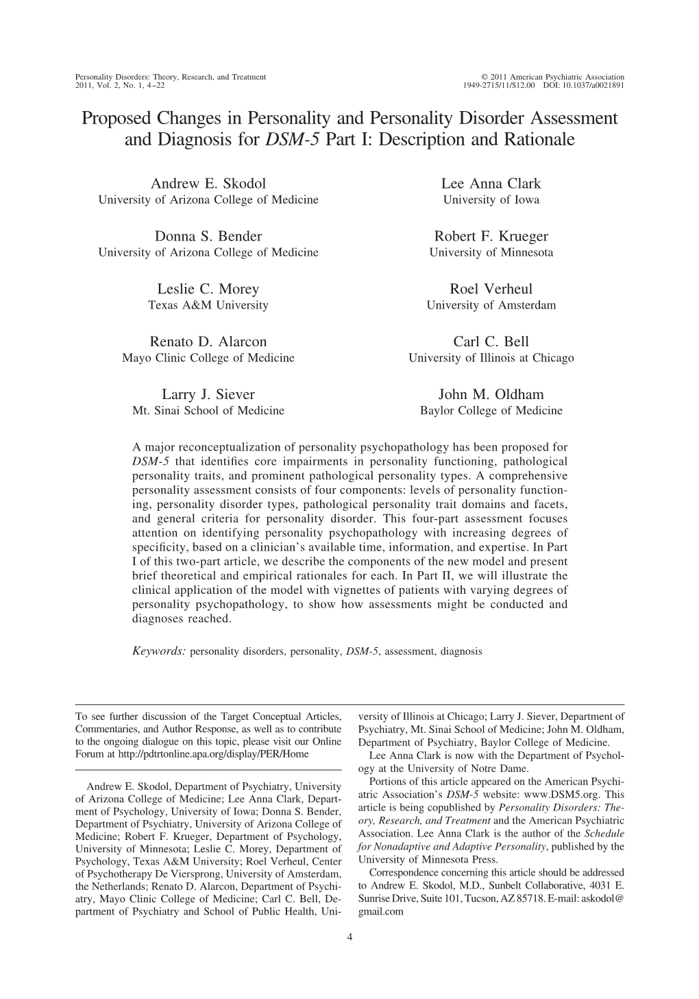 Proposed Changes in Personality and Personality Disorder Assessment and Diagnosis for DSM-5 Part I: Description and Rationale