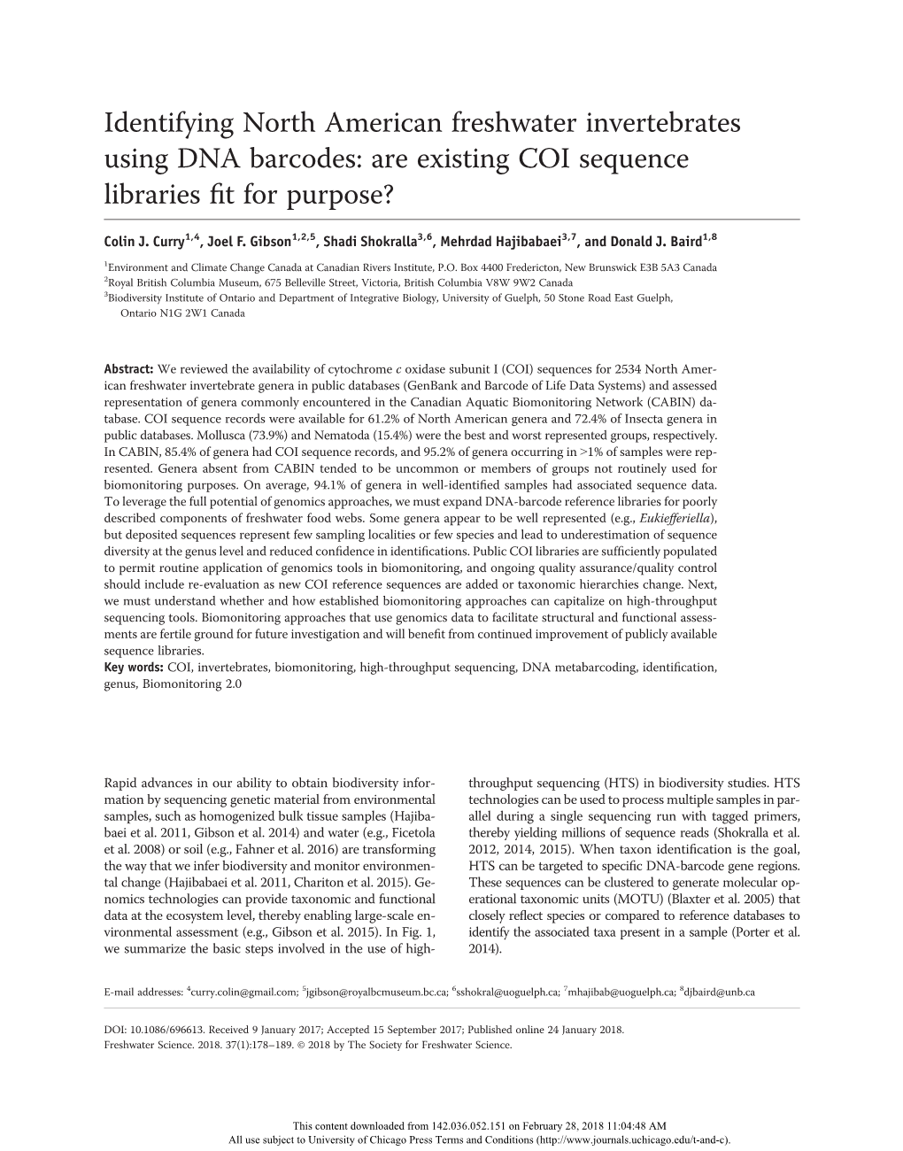 Identifying North American Freshwater Invertebrates Using DNA Barcodes: Are Existing COI Sequence Libraries ﬁt for Purpose?
