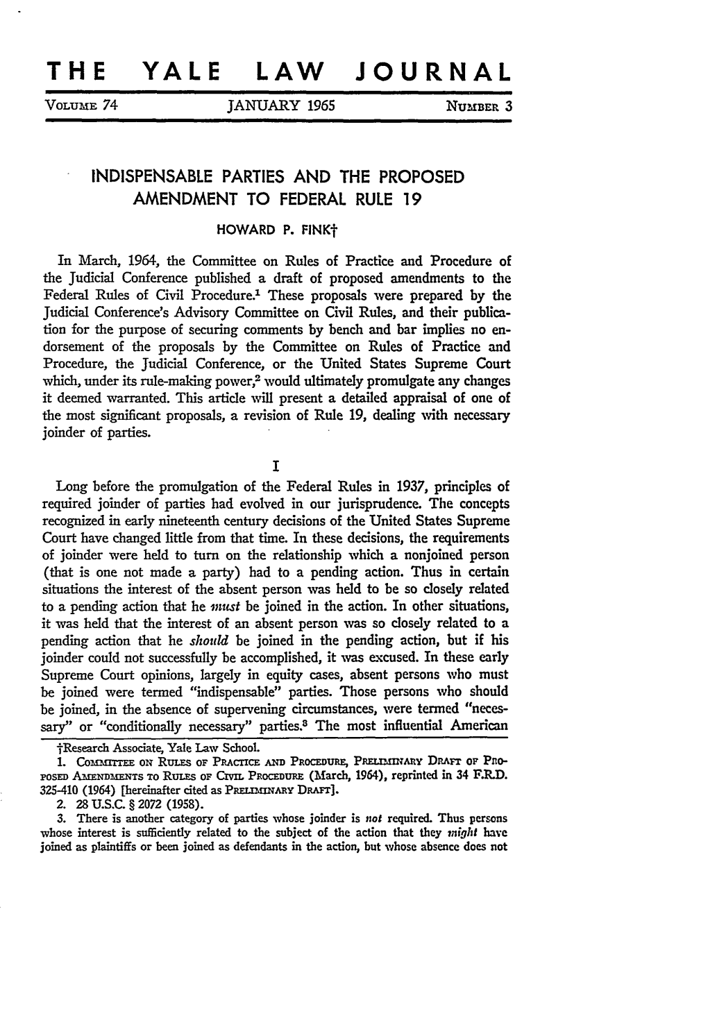 Indispensable Parties and the Proposed Amendment to Federal Rule 19