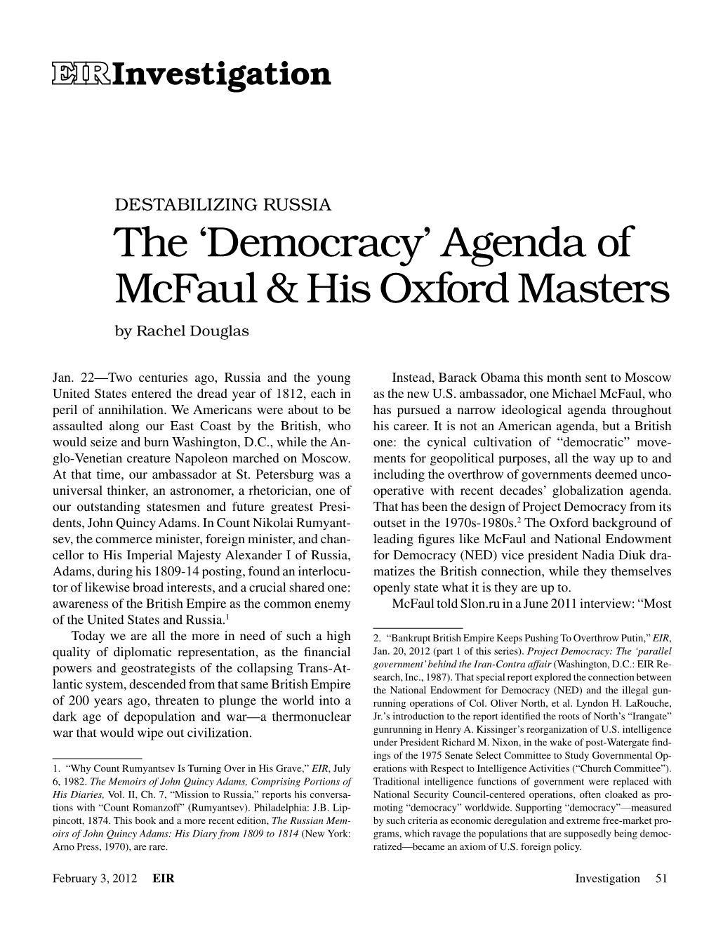 Democracy’ Agenda of Mcfaul & His Oxford Masters by Rachel Douglas