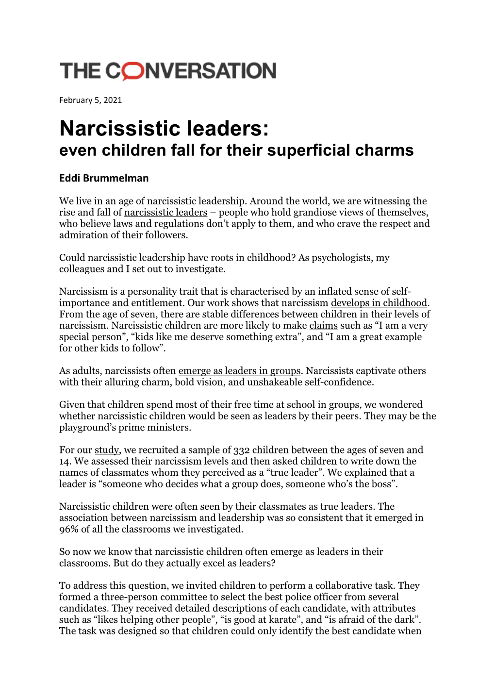 Narcissistic Leaders: Even Children Fall for Their Superficial Charms