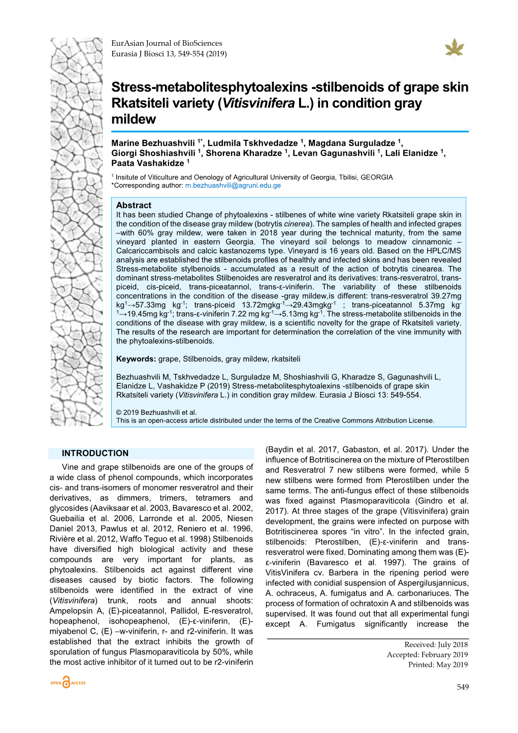 Stilbenoids of Grape Skin Rkatsiteli Variety (Vitisvinifera L.) in Condition Gray Mildew