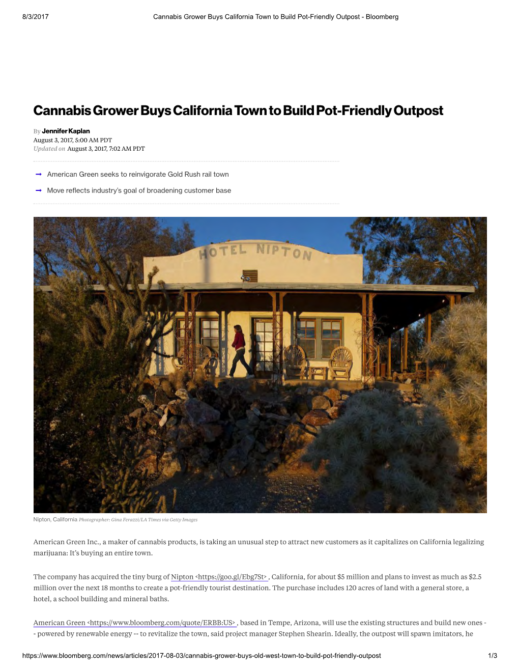 Cannabis Grower Buys California Town to Build Pot-Friendly Outpost - Bloomberg