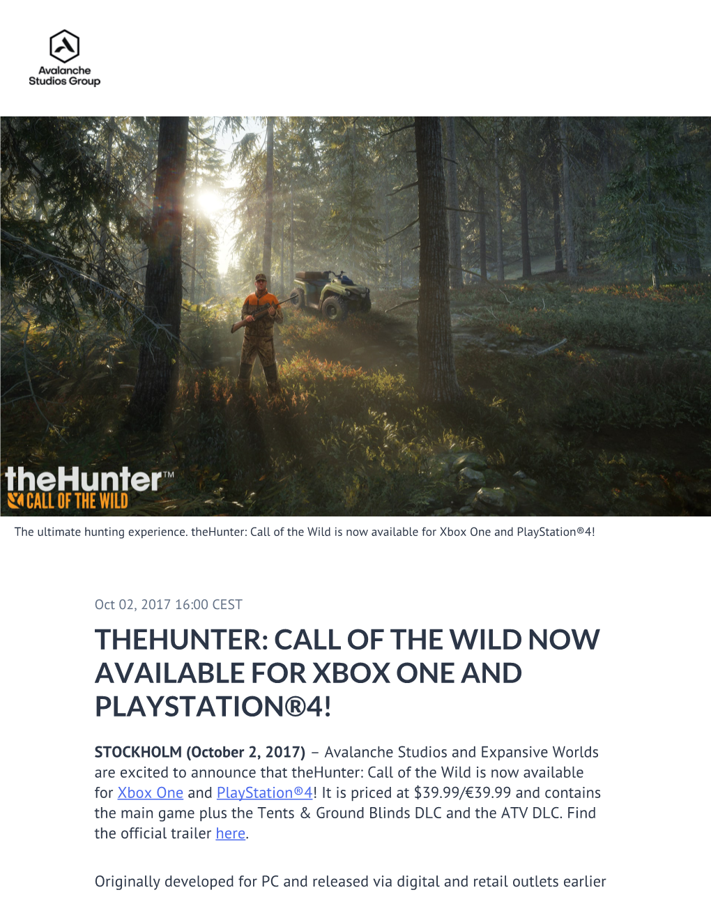 Thehunter: Call of the Wild Now Available for Xbox One and Playstation®4!