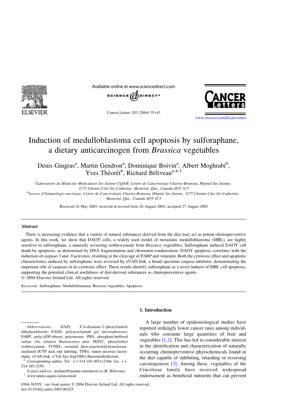 Induction of Medulloblastoma Cell Apoptosis by Sulforaphane, a Dietary Anticarcinogen from Brassica Vegetables