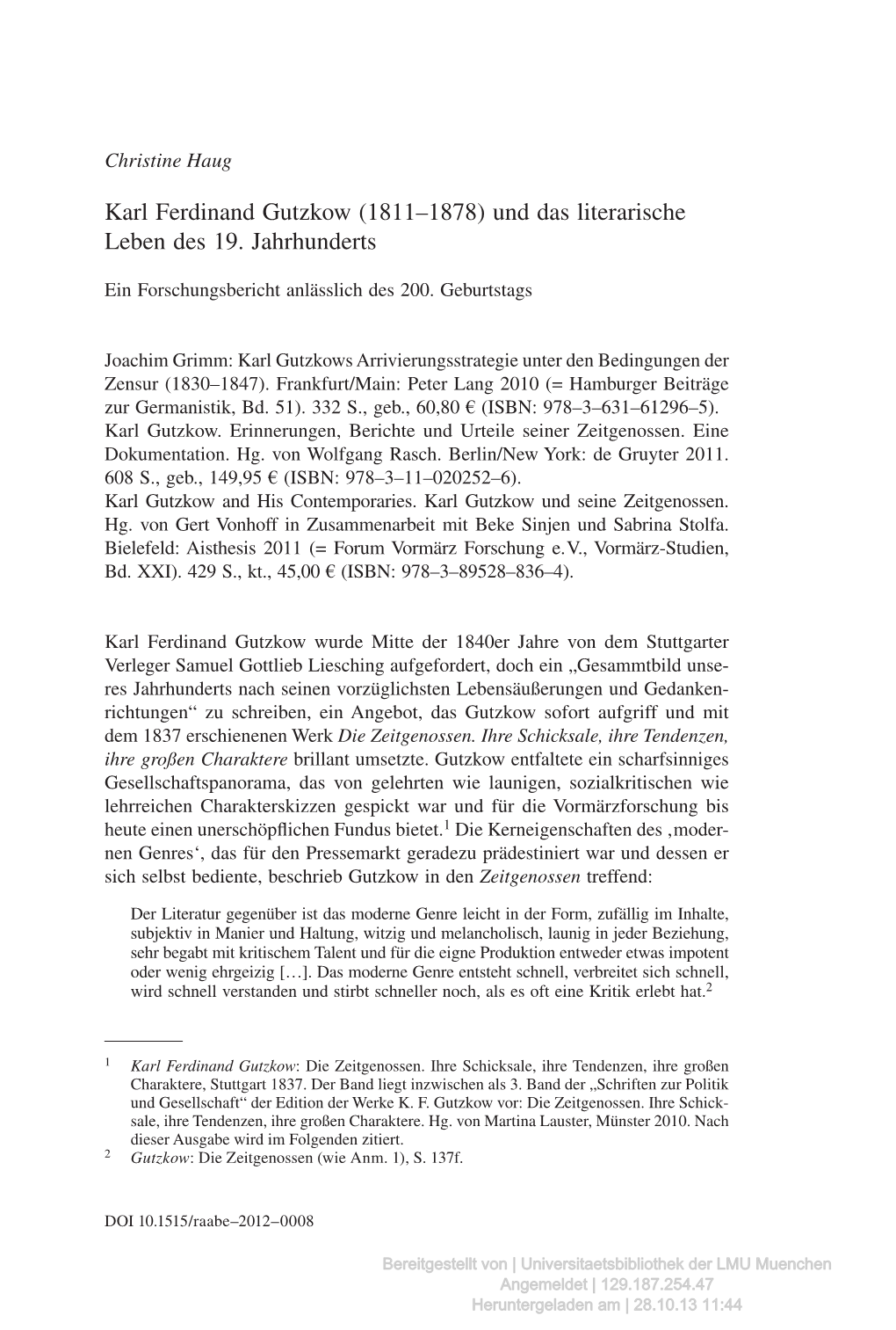 Karl Ferdinand Gutzkow (1811–1878) Und Das Literarische Leben Des 19