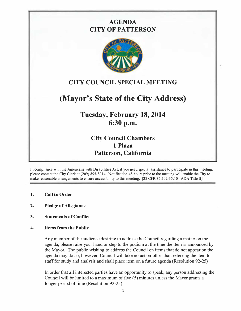 (Mayor's State of the City Address) Tuesday, February 18, 2014 6:30P.M
