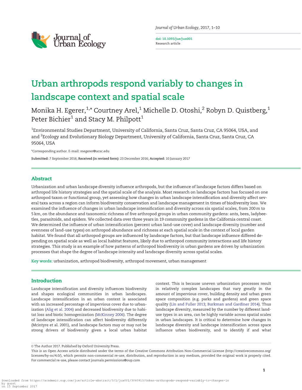 Urban Arthropods Respond Variably to Changes in Landscape Context and Spatial Scale Monika H