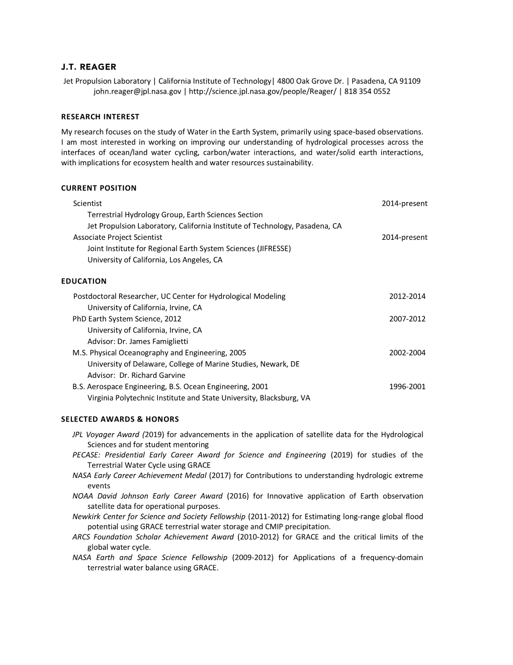 J.T. REAGER Jet Propulsion Laboratory | California Institute of Technology| 4800 Oak Grove Dr