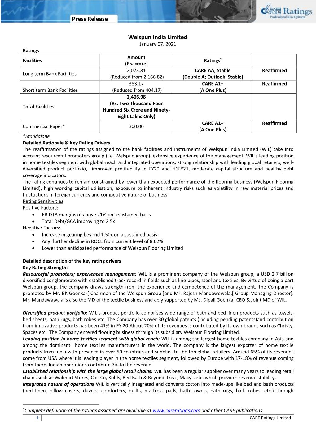 Press Release Welspun India Limited