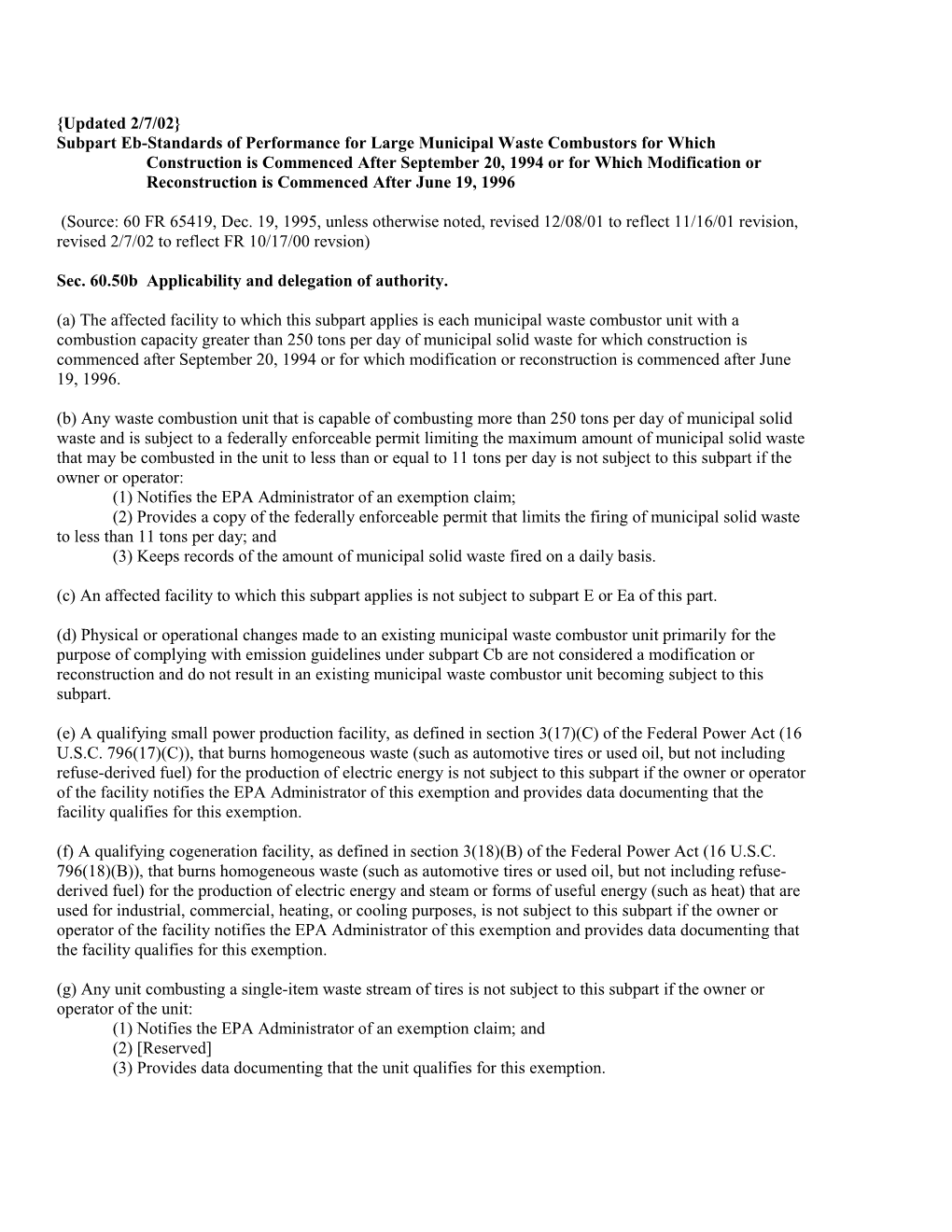 Subpart Eb Standards of Performance for Large Municipal Waste Combustors for Which Construction