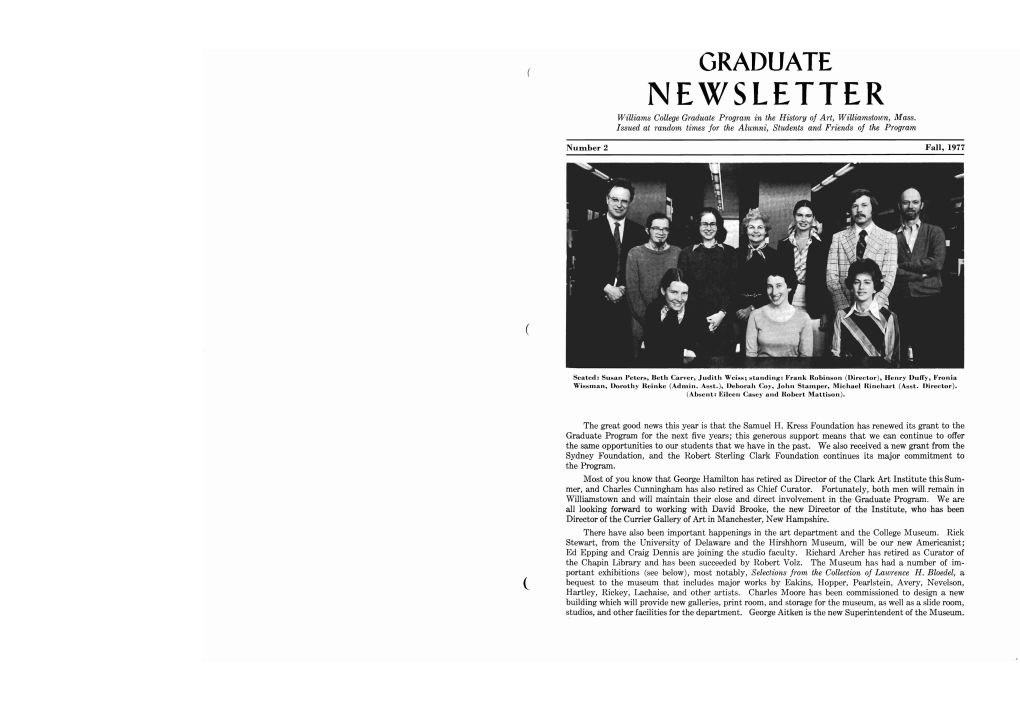 NEWSLETTER Williams College Graduate Program in the History of Art, Williamstown, Mass