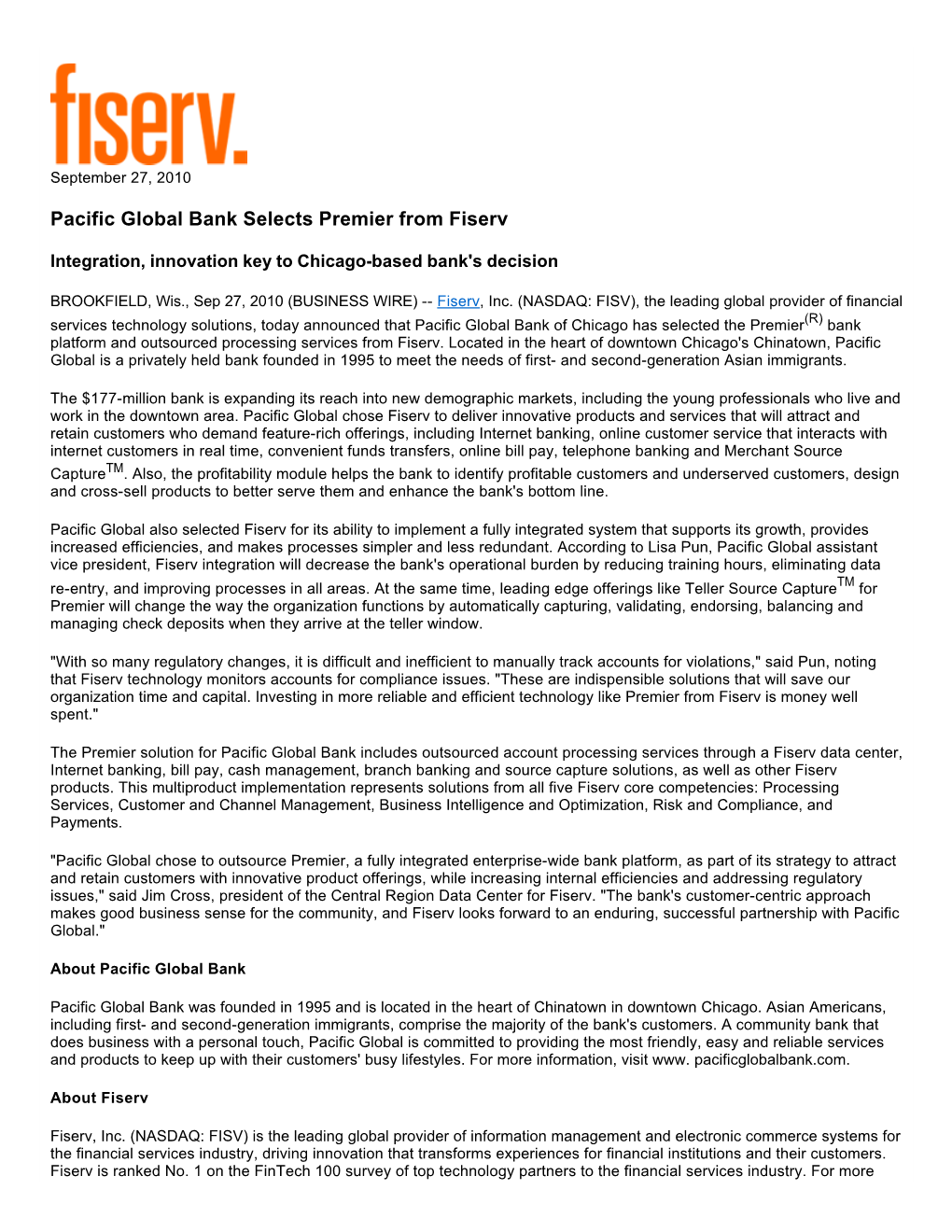 Pacific Global Bank Selects Premier from Fiserv