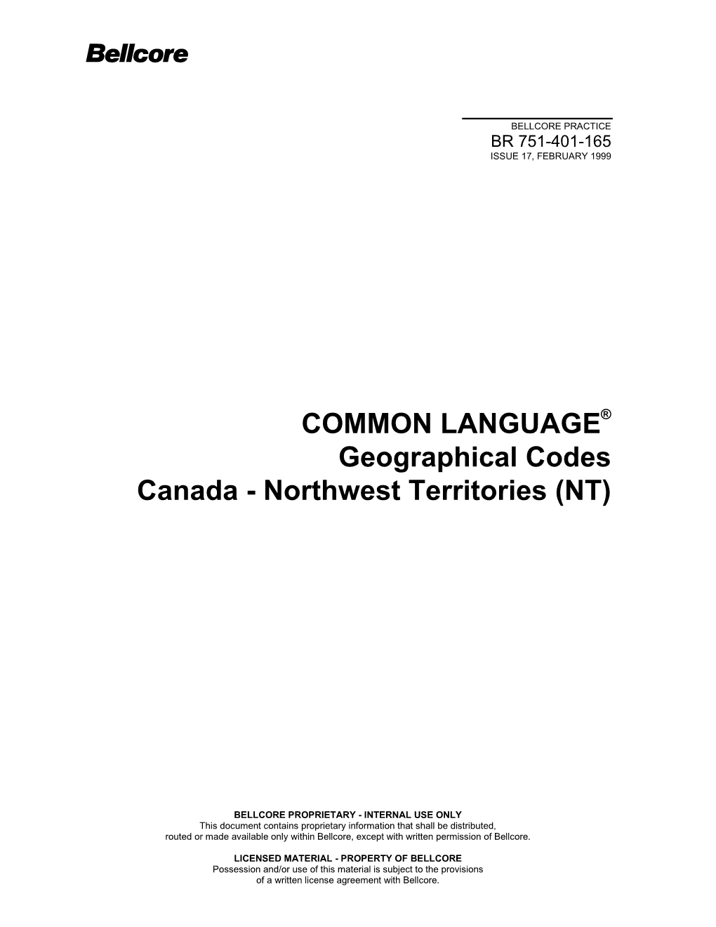 Geographical Codes Canada - Northwest Territories (NT)