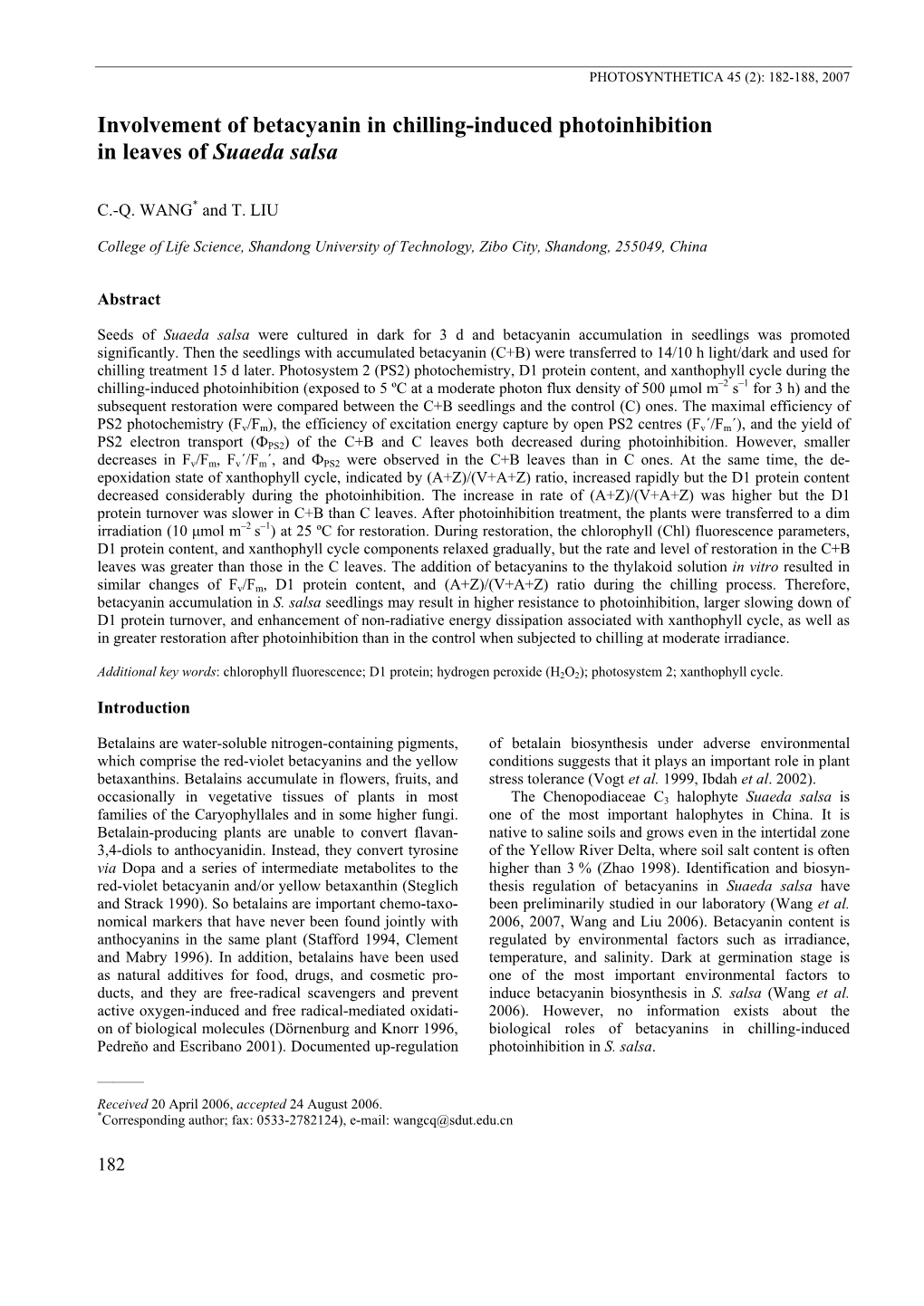 Involvement of Betacyanin in Chilling-Induced Photoinhibition in Leaves of Suaeda Salsa