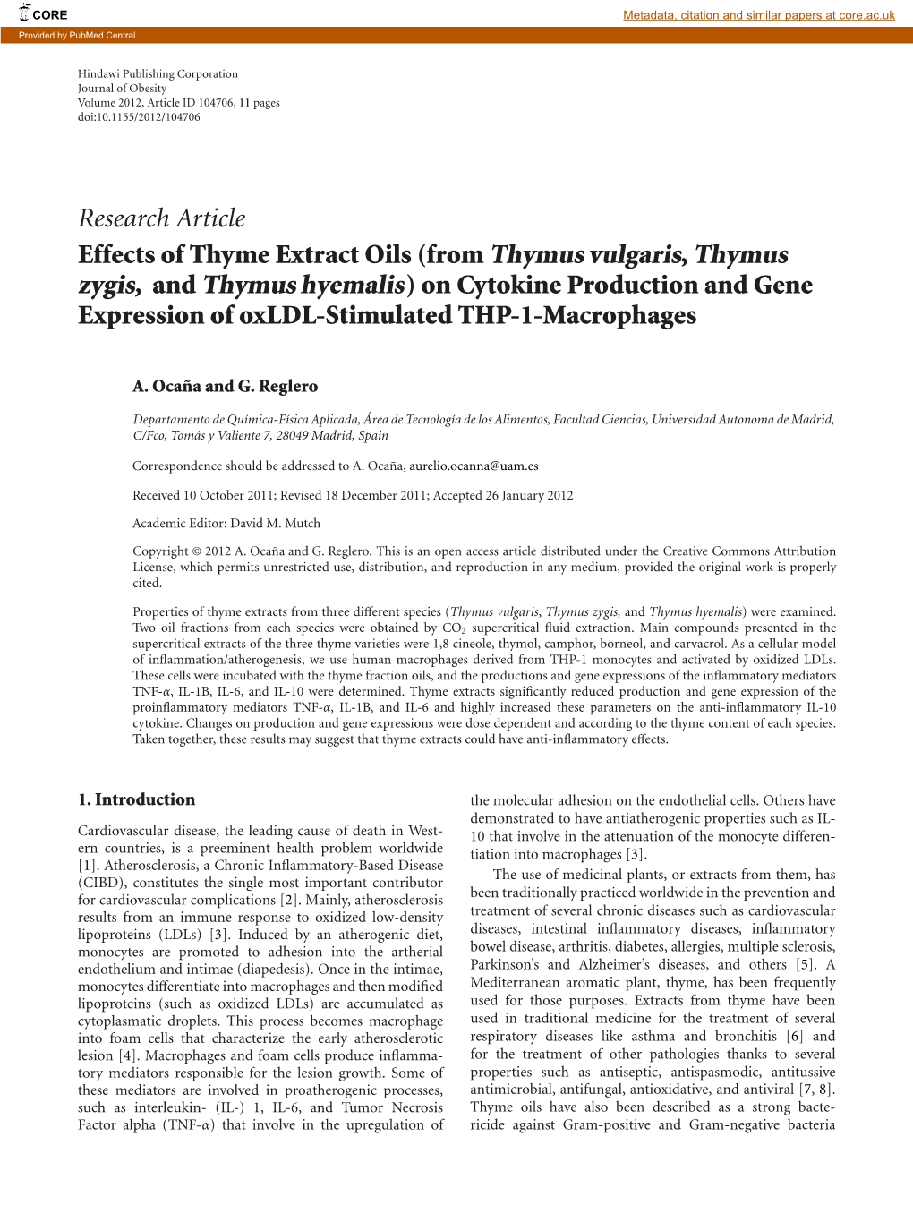 Research Article Effects of Thyme Extract Oils (From Thymus