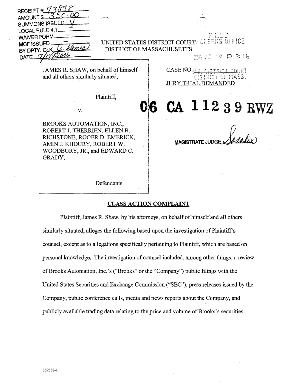 James R. Shaw, Et Al. V. Brooks Automation, Inc., Et Al. 06-CV-11239