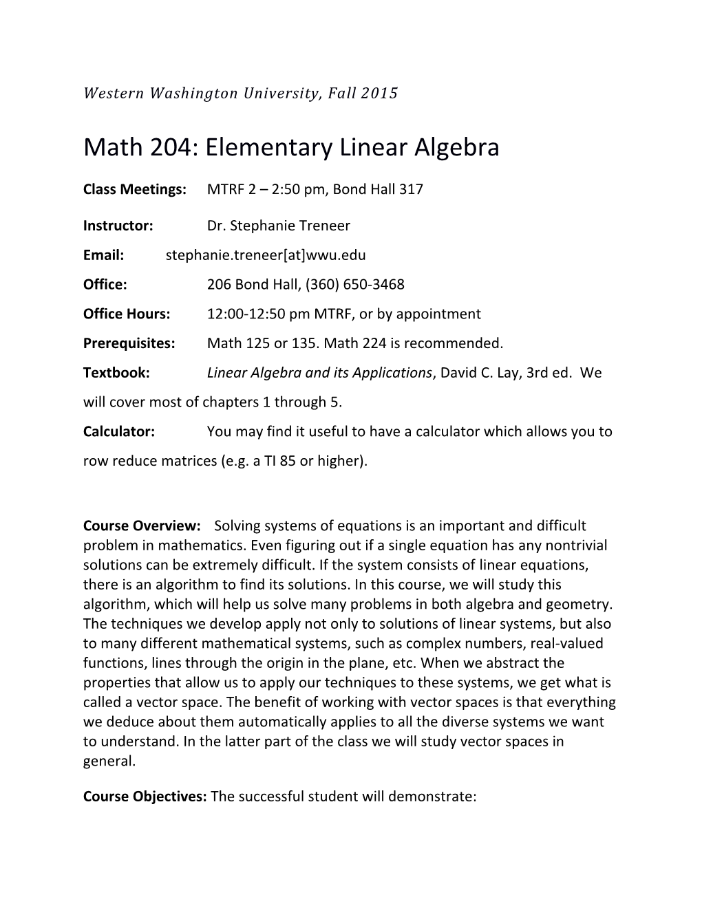 Math 204: Elementary Linear Algebra
