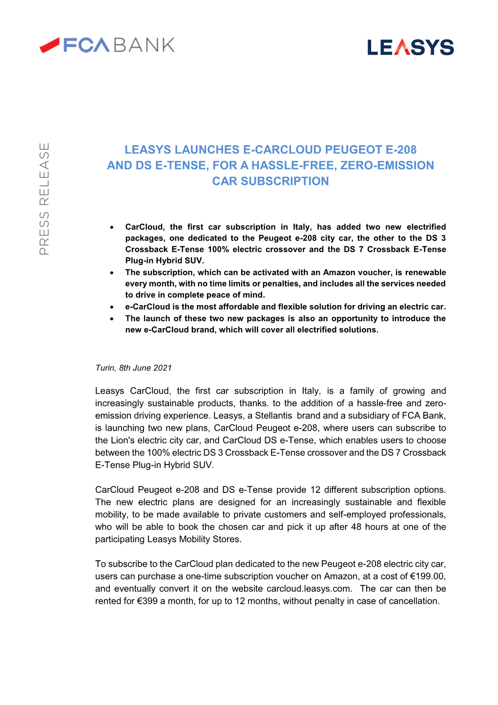 08 JUNE 2021 Leasys Launches E-Carcloud Peugeot E-208 and DS