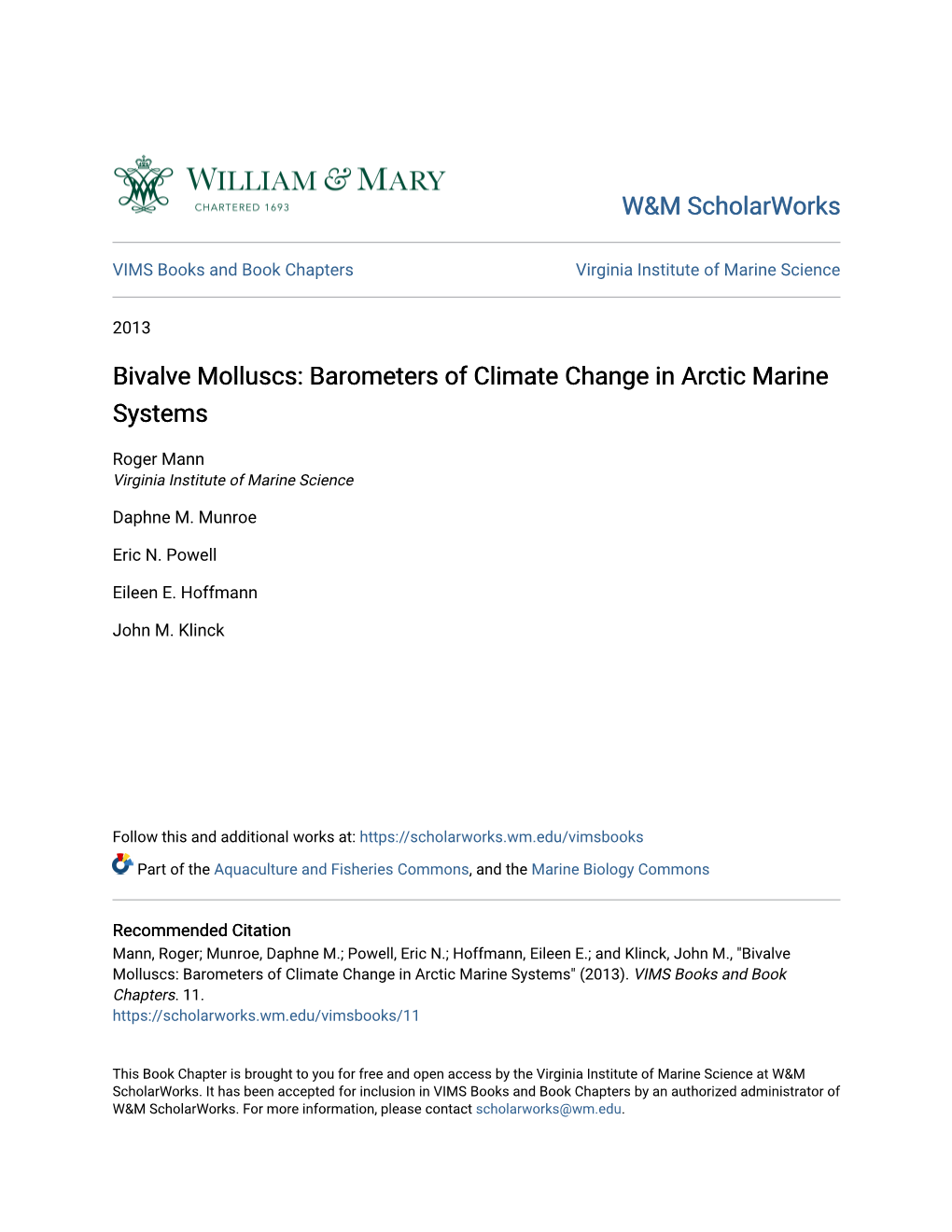 Bivalve Molluscs: Barometers of Climate Change in Arctic Marine Systems