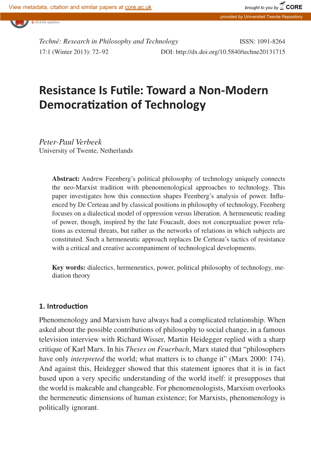 Resistance Is Futile: Toward a Non-Modern Democratization of Technology