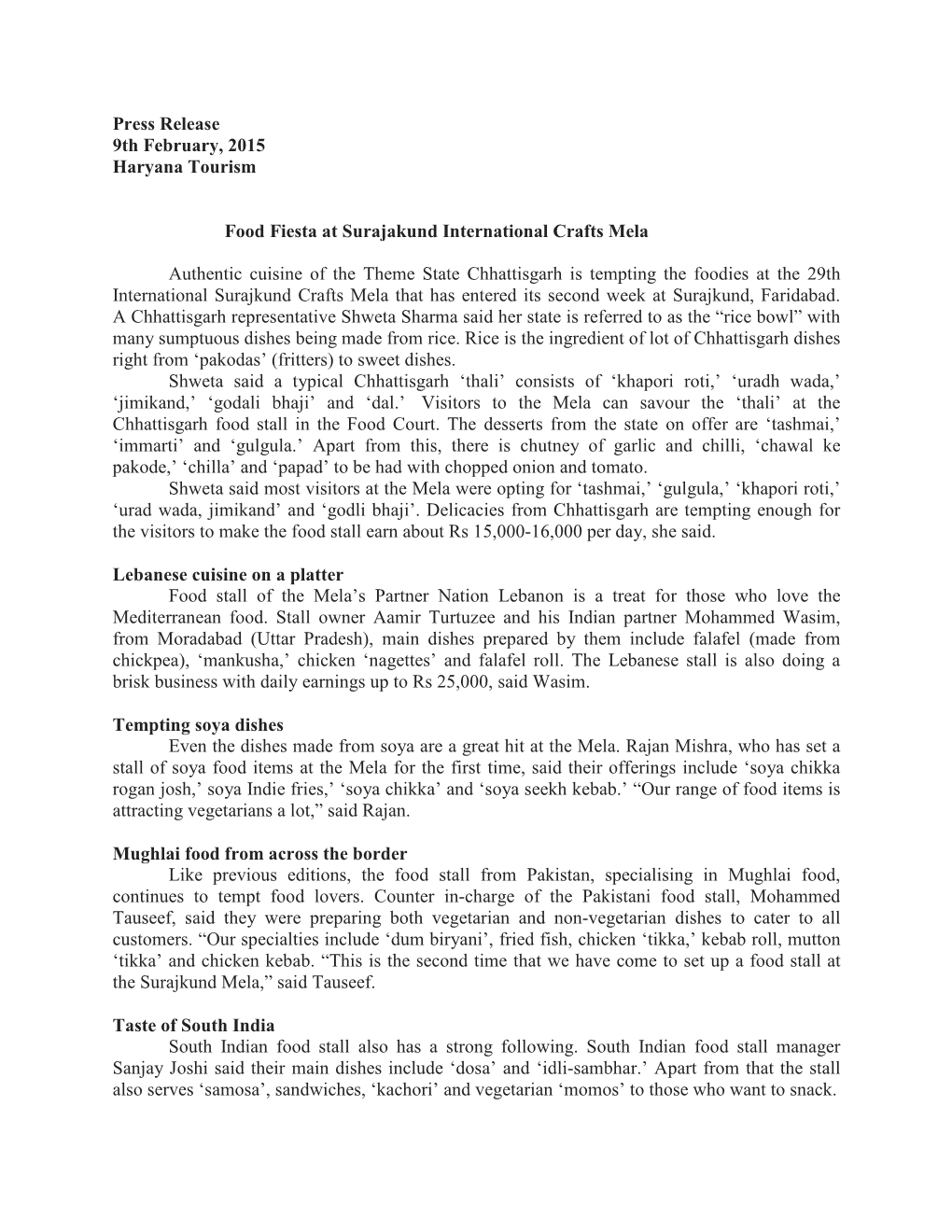 Press Release 9Th February, 2015 Haryana Tourism Food Fiesta At