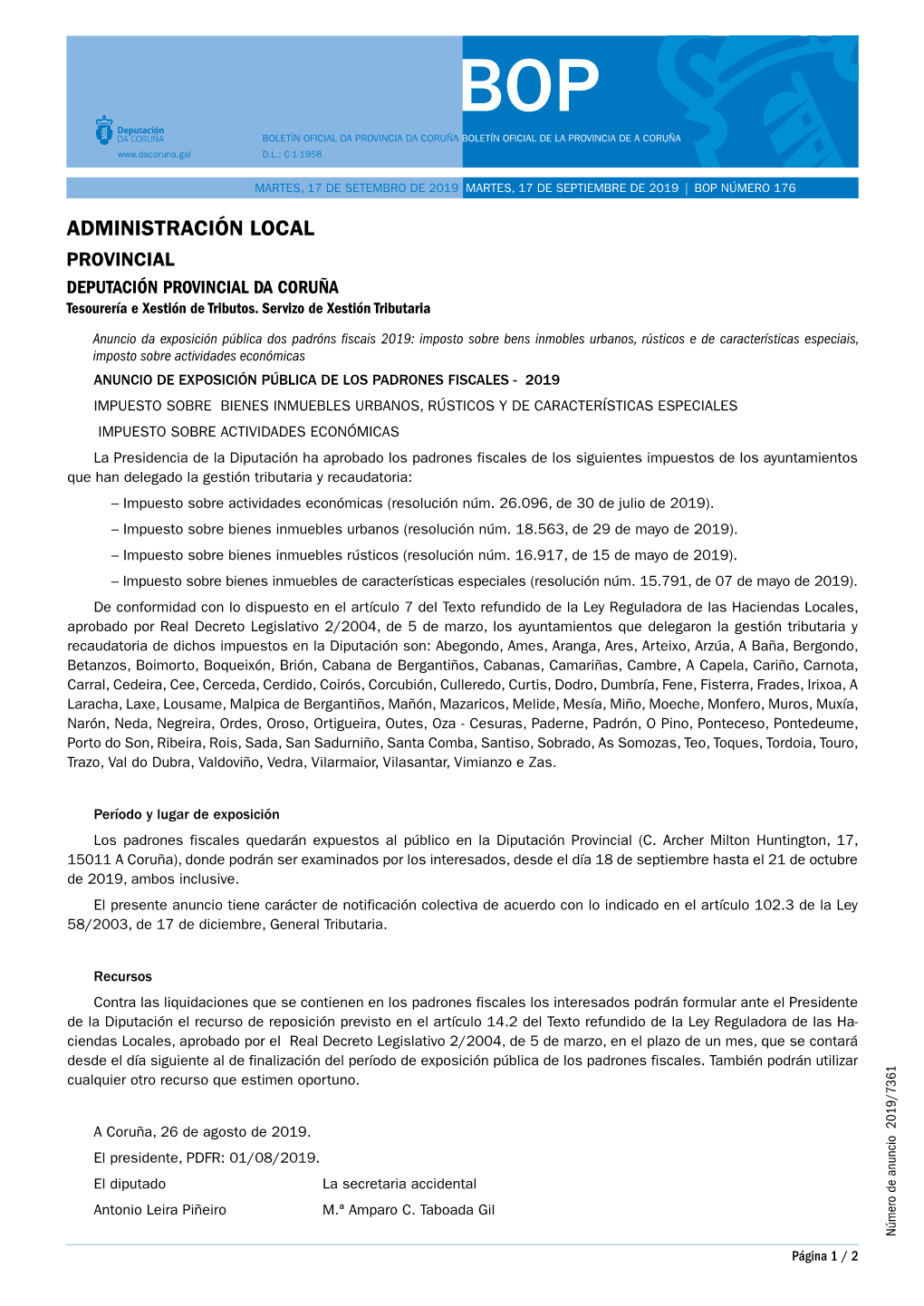 Administración Local Provincial Deputación Provincial Da Coruña Tesourería E Xestión De Tributos