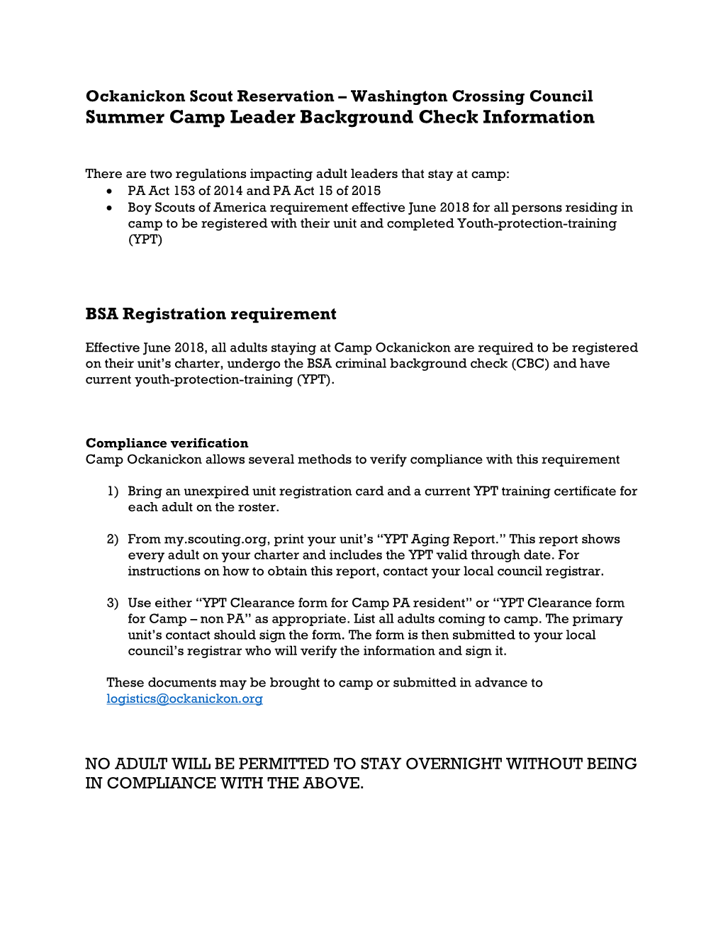 Summer Camp Leader Background Clearance Information