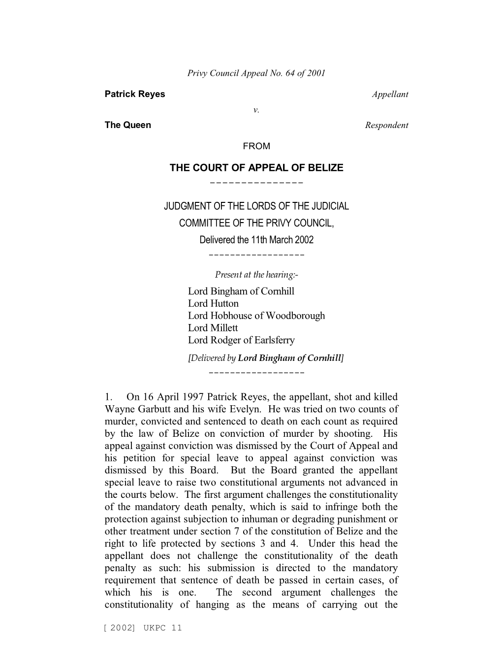 Privy Council Appeal No.64 of 2001-Patrick Reyes and the Queen