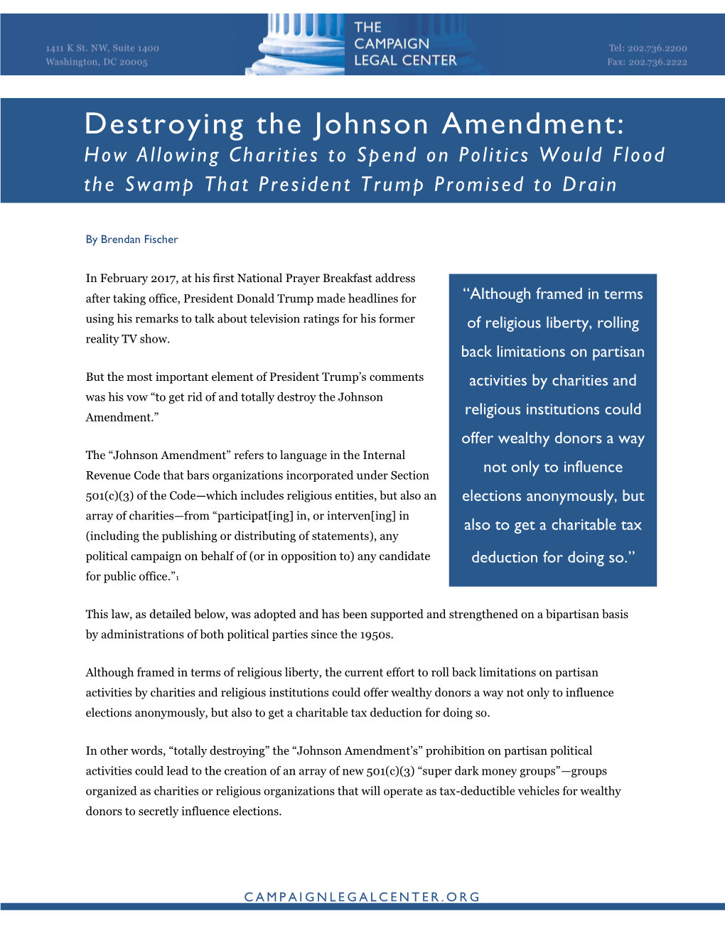 Johnson Amendment: How Allowing Charit Ies to Spend on Politics Would Flood the Swamp That President Trump Promised to Drain