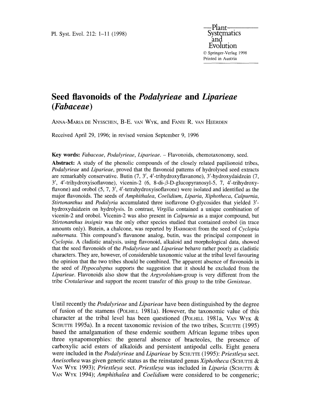 Seed Flavonoids of the Podalyrieae and Liparieae (Fabaceae)