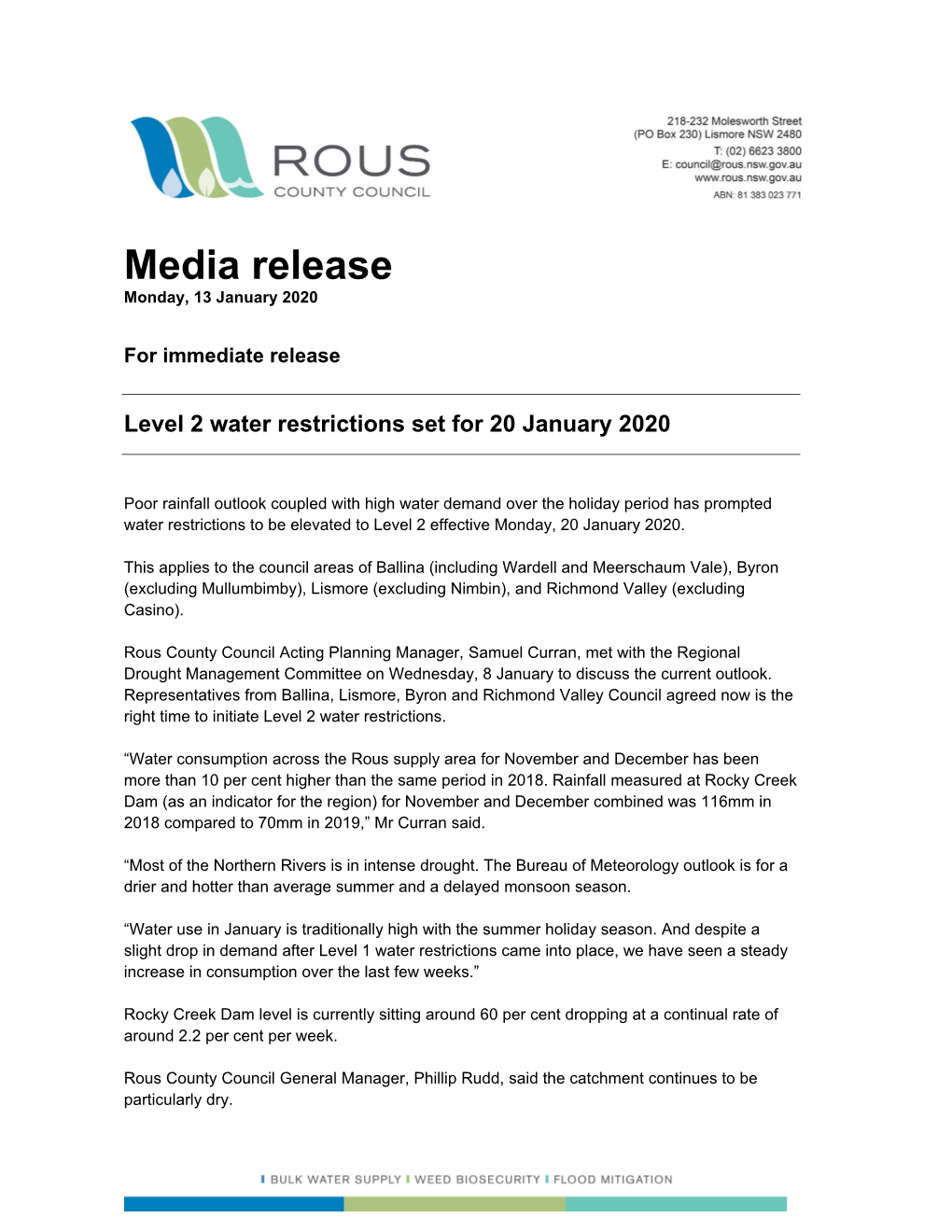 Media Release Monday, 13 January 2020