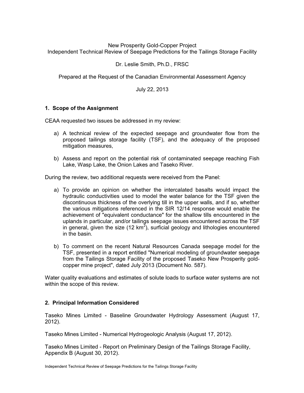 New Prosperity Gold-Copper Project Independent Technical Review of Seepage Predictions for the Tailings Storage Facility