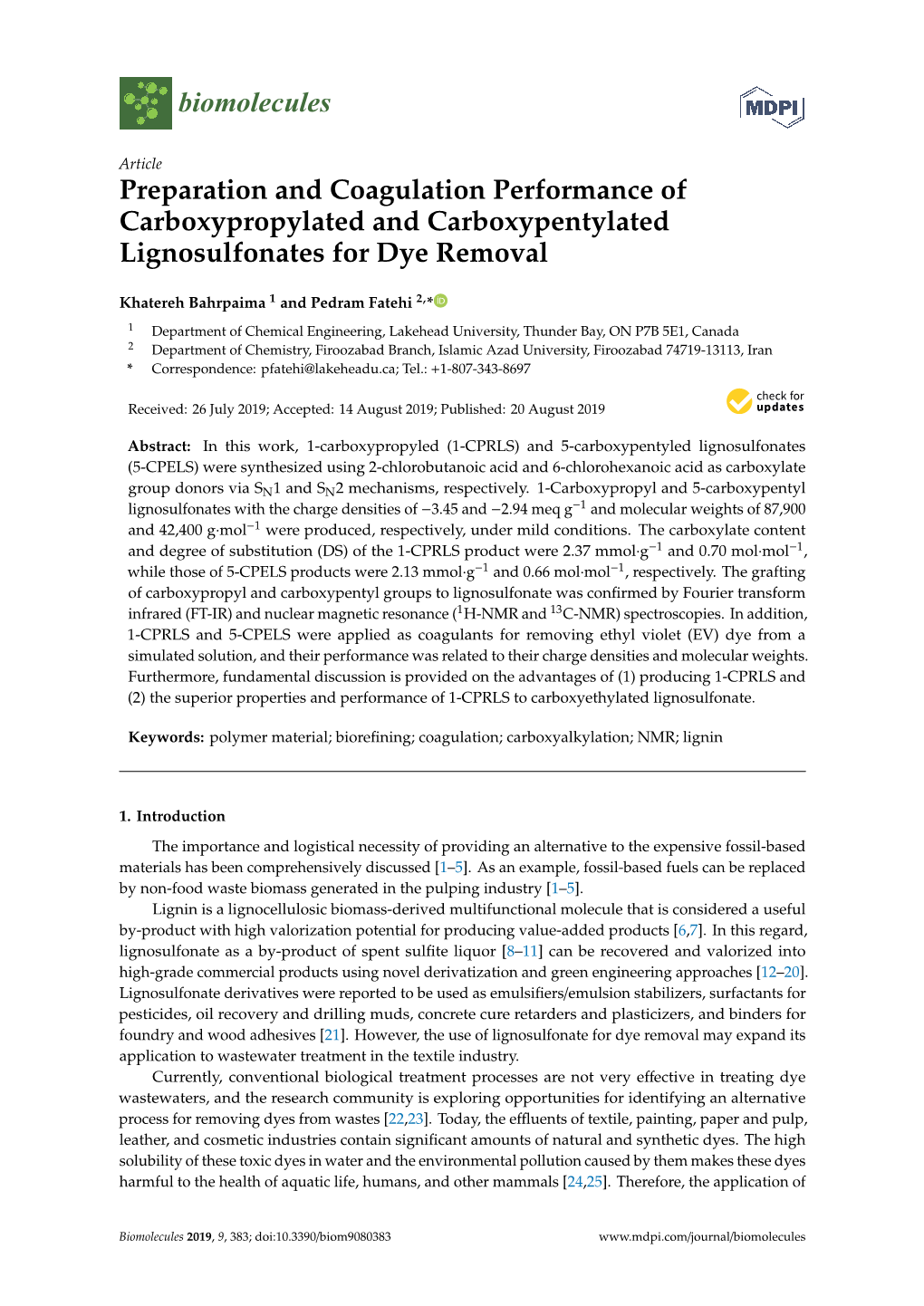 Preparation and Coagulation Performance of Carboxypropylated and Carboxypentylated Lignosulfonates for Dye Removal