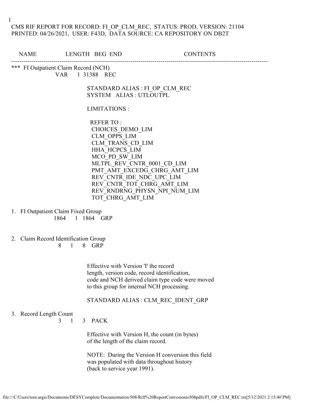 NCH FI Outpatient Claim Record Version L Data Dictionary