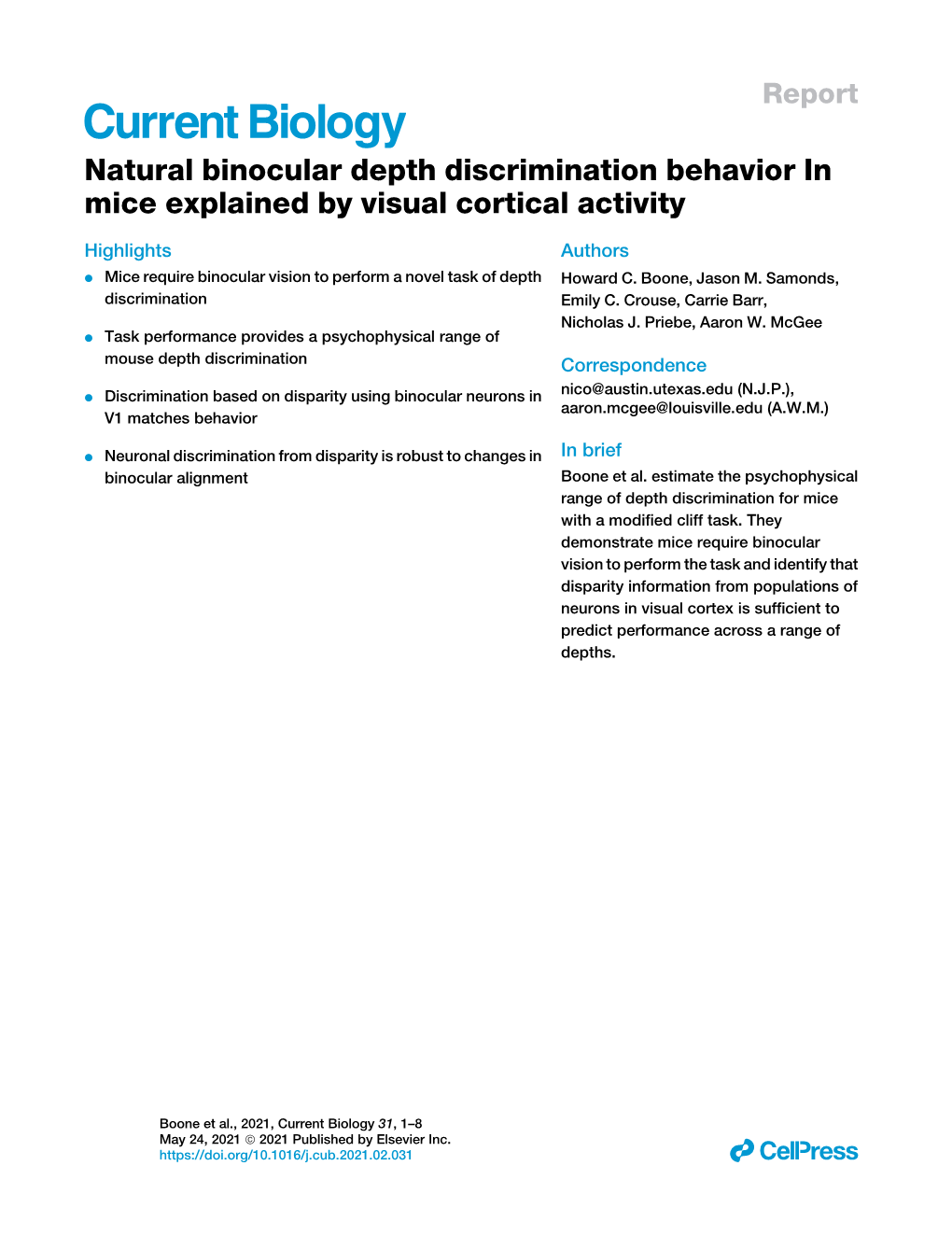 Natural Binocular Depth Discrimination Behavior in Mice Explained by Visual Cortical Activity