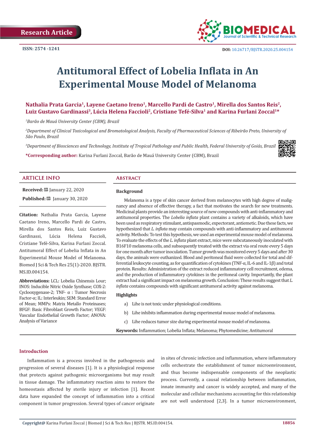 Antitumoral Effect of Lobelia Inflata in an Experimental Mouse Model of Melanoma