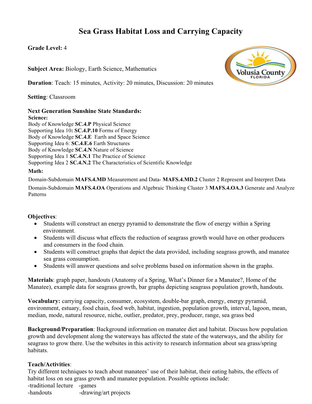 Sea Grass Habitat Loss and Carrying Capacity