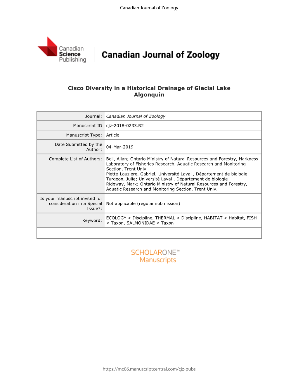 Cisco Diversity in a Historical Drainage of Glacial Lake Algonquin