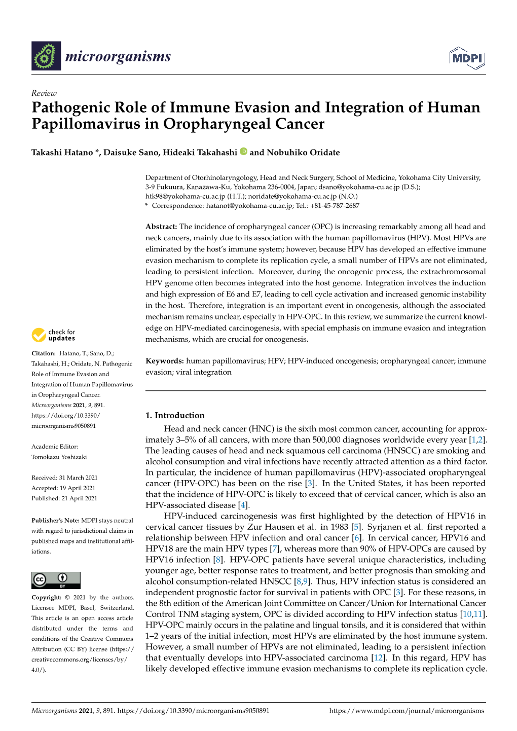 Pathogenic Role of Immune Evasion and Integration of Human Papillomavirus in Oropharyngeal Cancer