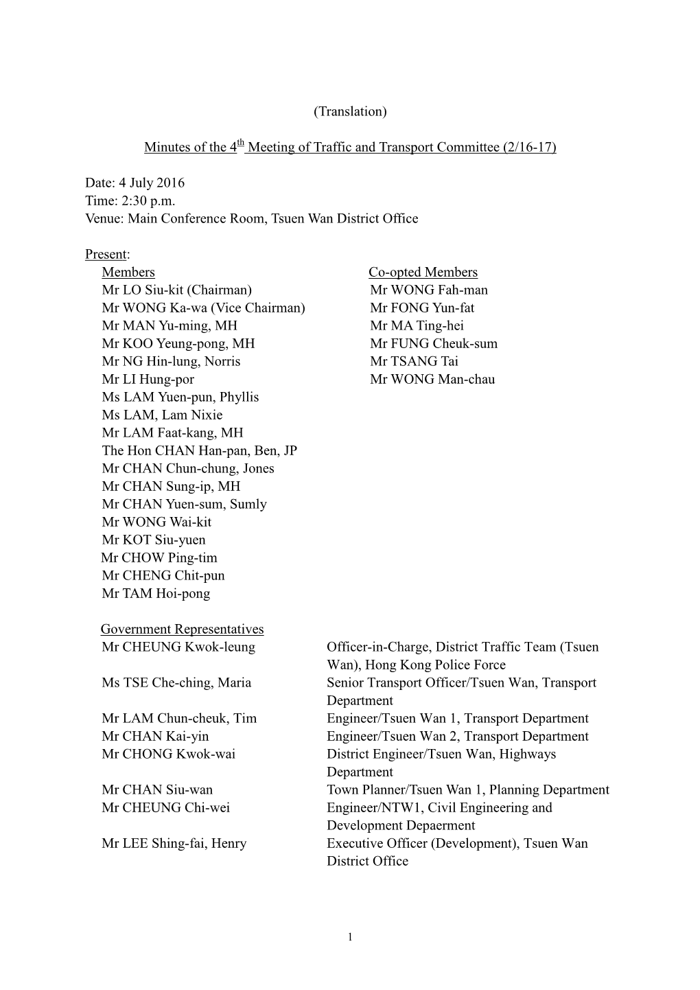 (Translation) Minutes of the 4 Meeting of Traffic and Transport Committee