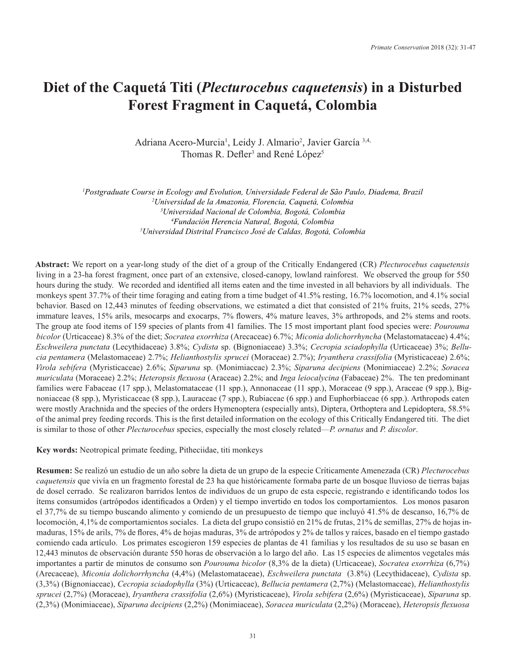 Diet of the Caquetá Titi Plecturocebus Caquetensis