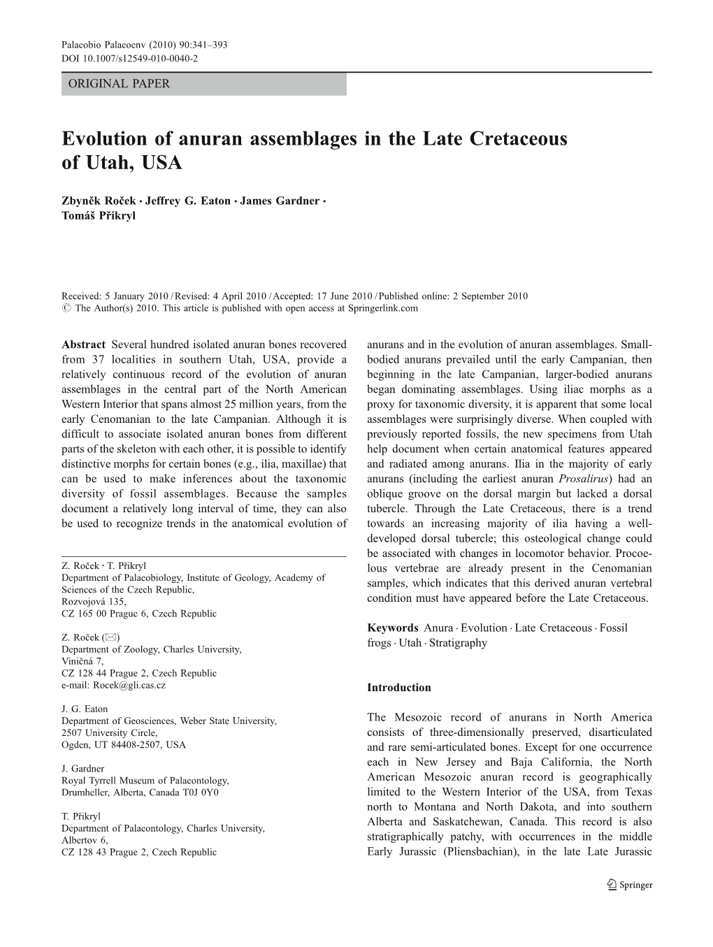 Evolution of Anuran Assemblages in the Late Cretaceous of Utah, USA