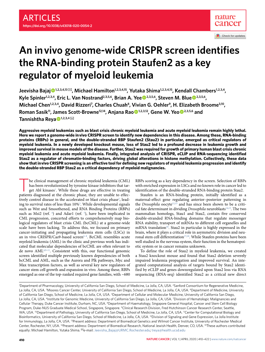 An in Vivo Genome-Wide CRISPR Screen Identifies the RNA-Binding Protein Staufen2 As a Key Regulator of Myeloid Leukemia